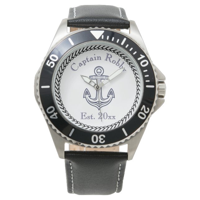 Nautical Anchor Navy Blue en White Horloge (Voorkant)