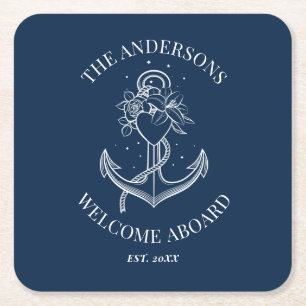 Nautical Anchor Navy Blue Family Name Kartonnen Onderzetters