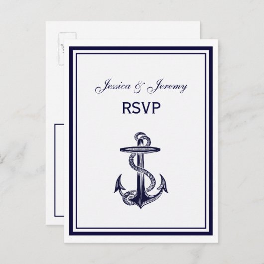 Nautical Anchor Navy Blue Framed 2 RSVP 1 Uitnodiging Briefkaart (Voorkant / Achterkant)