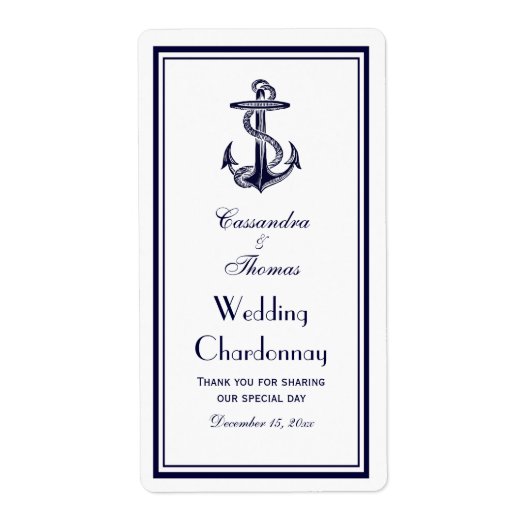 Nautical Anchor Navy Blue Framed 2BV Wijnflesje Etiket (Voorkant)