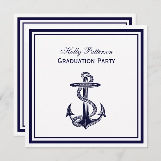 Nautical Anchor Navy Blue Framed 2SQ Afstuderen Kaart (Voorkant / Achterkant)
