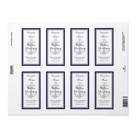 Nautical Anchor Navy Blue Framed V Wine Bottle Etiket (Full Sheet)