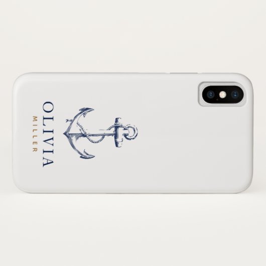 Nautical Anchor Navy Blue Gold Monogram Case-Mate iPhone Case (Achterkant (horizontaal))