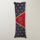 Nautical Anchor Navy Blue Gold Red Monogram Lichaamskussen (Voorkant Verticaal)