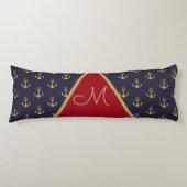 Nautical Anchor Navy Blue Gold Red Monogram Lichaamskussen (Voorkant)