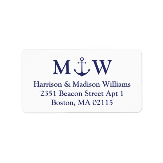 Nautical anchor navy blue koppel monogram initiaal etiket (Voorkant)