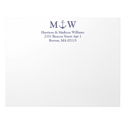 Nautical anchor navy blue koppel monogram initiaal notitieblok (Voorkant)