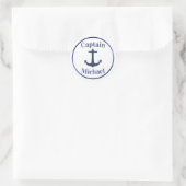 Nautical Anchor Navy Blue Metallic Kapitein Naam Ronde Sticker (Tas)