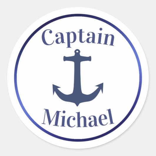 Nautical Anchor Navy Blue Metallic Kapitein Naam Ronde Sticker (Voorkant)