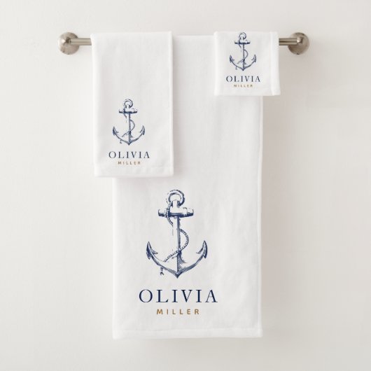 Nautical Anchor Navy Blue Monogram Beach Bad Handdoek (Insitu)