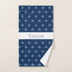 Nautical anchor navy blue monogram handdoek