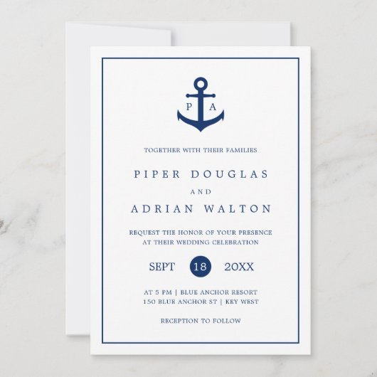 Nautical Anchor Navy Blue Monogram Weddenschap Kaart (Voorkant)