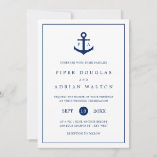 Nautical Anchor Navy Blue Monogram Weddenschap Kaart