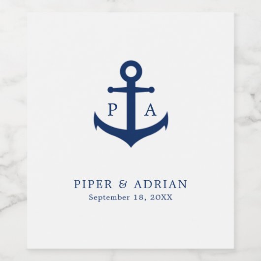 Nautical Anchor Navy Blue Monogram Weddenschap Wijn Etiket (Enkel label)