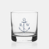 Nautical Anchor Navy Blue Monogram Whisky Glas (Voorkant)