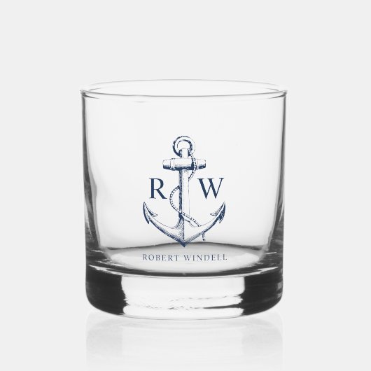 Nautical Anchor Navy Blue Monogram Whisky Glas (Voorkant)