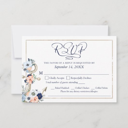 Nautical Anchor Navy Blue Peach Menu RSVP (Voorkant)