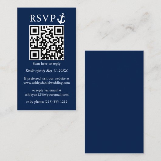 Nautical Anchor Navy Blue QR RSVP Informatiekaartje (Voorkant / Achterkant)