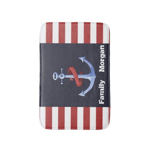Nautical Anchor Navy Blue, Red Stripes Bath Badmat (Voorkant Verticaal)
