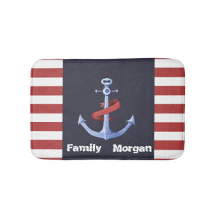 Nautical Anchor Navy Blue, Red Stripes Bath Badmat