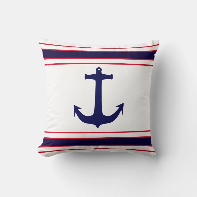 Nautical Anchor Navy Blue Red Stripes Kussen (Voorkant)
