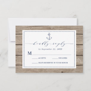 Nautical Anchor Navy Blue Rustic Wood RSVP Kaartje
