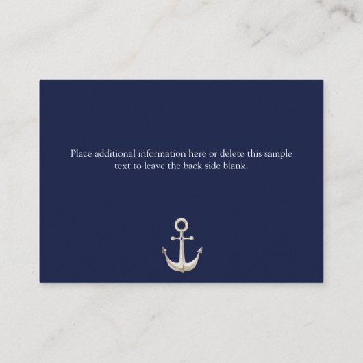 Nautical Anchor Navy Blue Script Details over brui Informatiekaartje (Achterkant)