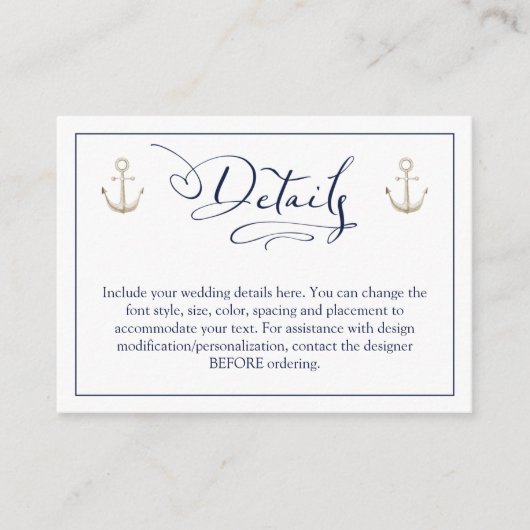 Nautical Anchor Navy Blue Script Details over brui Informatiekaartje (Voorkant)