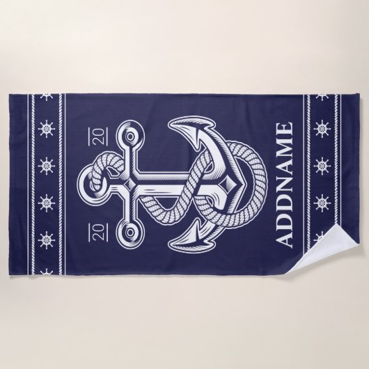 Nautical Anchor Navy Blue Specialized Beach Towel Strandlaken (Voorkant)