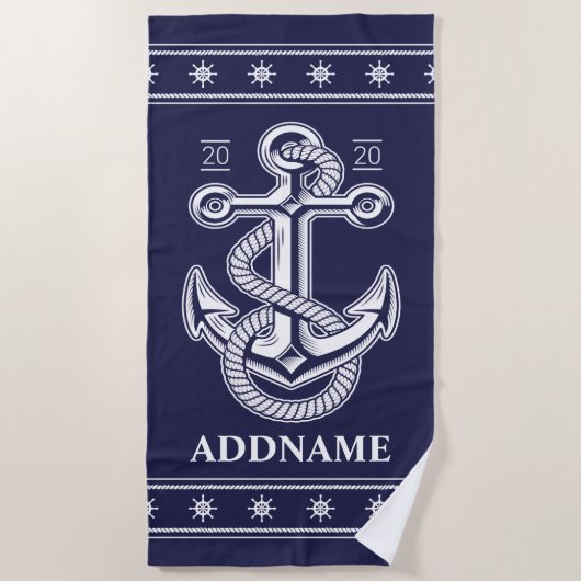 Nautical Anchor Navy Blue Specialized Beach Towel Strandlaken (Voorkant)