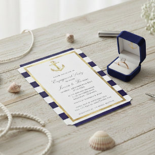 Nautical Anchor Navy Blue Stripe Engagement Party Kaart