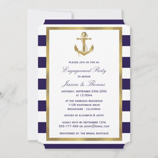 Nautical Anchor Navy Blue Stripe Engagement Party Kaart (Voorkant)