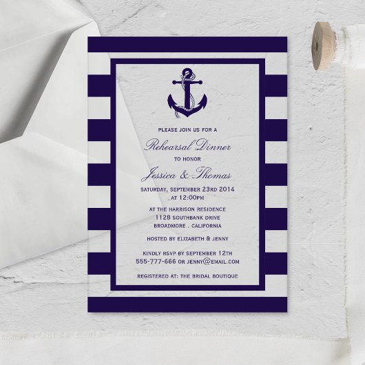 Nautical Anchor Navy Blue Stripe Rehearsal Dinner Acryl Uitnodigingen