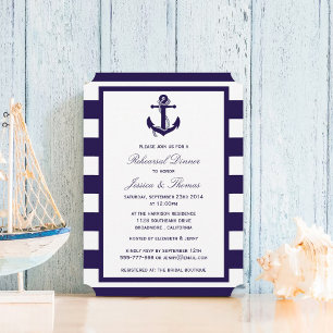 Nautical Anchor Navy Blue Stripe Rehearsal Dinner Kaart
