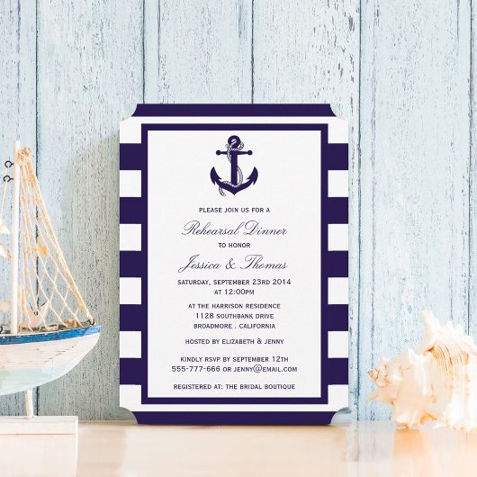 Nautical Anchor Navy Blue Stripe Rehearsal Dinner Kaart