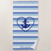 Nautical Anchor Navy Blue Stripe Strandlaken (Voorkant)