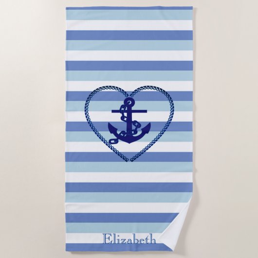 Nautical Anchor Navy Blue Stripe Strandlaken (Voorkant)