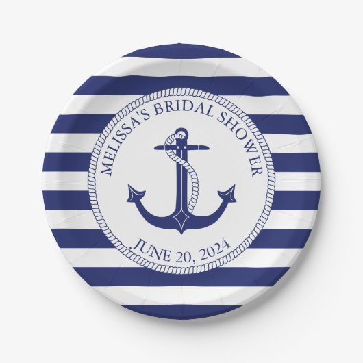 Nautical Anchor Navy Blue Stripe Vrijgezellenfeest Papieren Bordje (Voorkant)