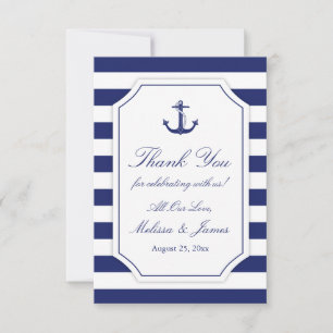 Nautical Anchor Navy Blue Stripe Weddenschap Bedan Bedankkaart