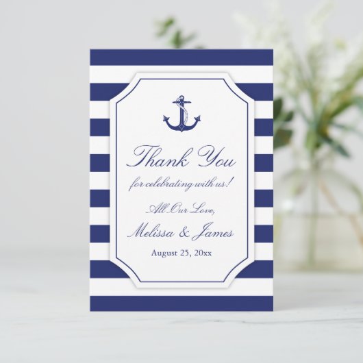 Nautical Anchor Navy Blue Stripe Weddenschap Bedan Bedankkaart (Staand voorkant)