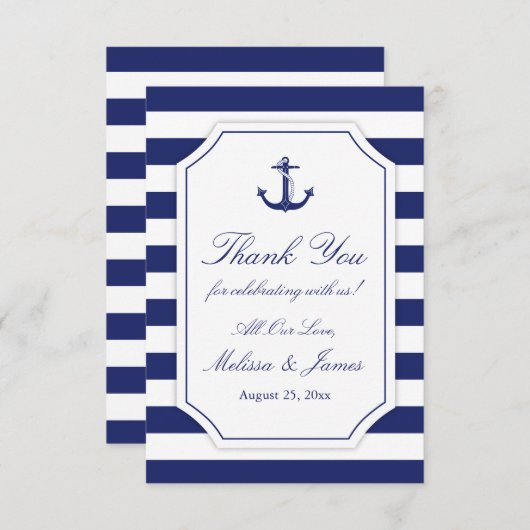 Nautical Anchor Navy Blue Stripe Weddenschap Bedan Bedankkaart (Voorkant / Achterkant)