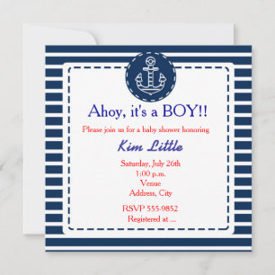 Nautical Anchor Navy Blue Striped Baby shower Kaart