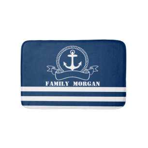 Nautical Anchor Navy Blue Striped Badmat