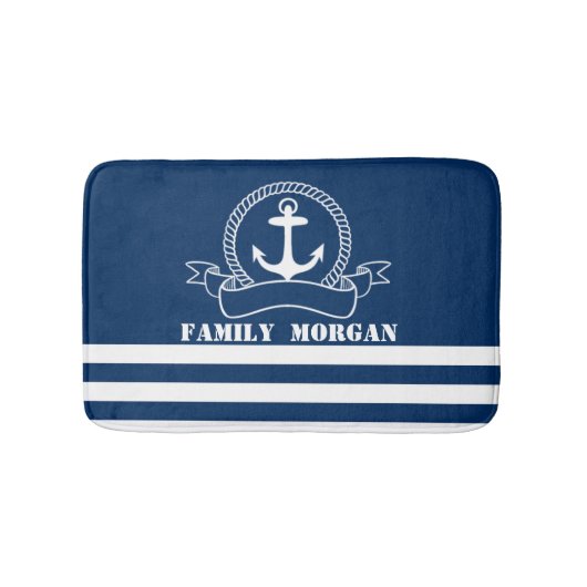 Nautical Anchor Navy Blue Striped Badmat (Voorkant)