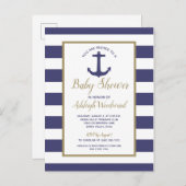 Nautical Anchor Navy Blue Striped Boy Baby shower Uitnodiging Briefkaart (Voorkant / Achterkant)