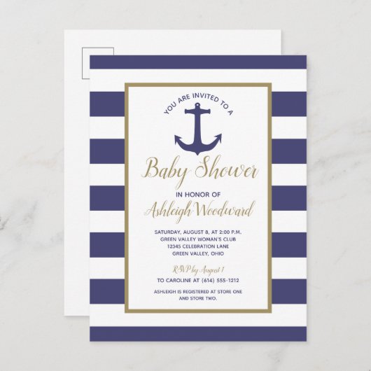 Nautical Anchor Navy Blue Striped Boy Baby shower Uitnodiging Briefkaart (Voorkant / Achterkant)