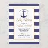 Nautical Anchor Navy Blue Striped Boy Baby shower Uitnodiging Briefkaart (Voorkant)