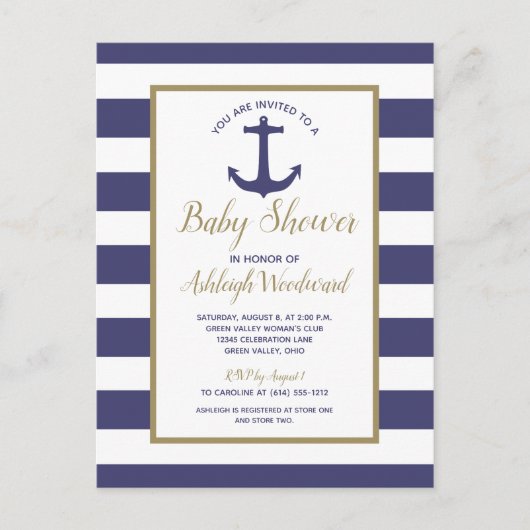 Nautical Anchor Navy Blue Striped Boy Baby shower Uitnodiging Briefkaart (Voorkant)