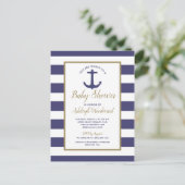 Nautical Anchor Navy Blue Striped Boy Baby shower Uitnodiging Briefkaart (Staand voorkant)