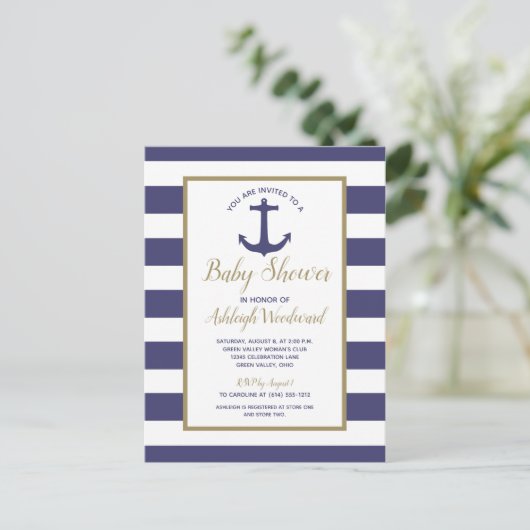 Nautical Anchor Navy Blue Striped Boy Baby shower Uitnodiging Briefkaart (Staand voorkant)